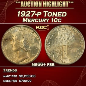 1927-p Mercury Dime Toned 10c ms66+ fsb SEGS