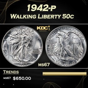 1942-p Walking Liberty Half Dollar 50c ms67 SEGS