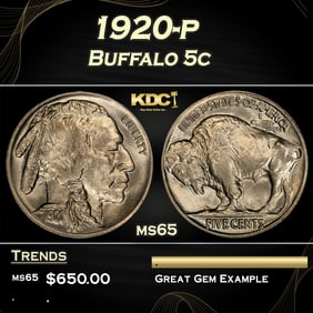 1920-p Buffalo Nickel 5c Grades ms65