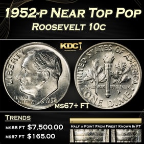1952-p Roosevelt Dime Near Top Pop 10c ms67+ FT SEGS
