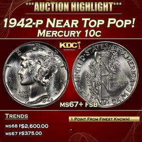 1942-p Mercury Dime Near Top Pop! 10c ms67+ fsb SEGS