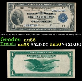 1918 $1 National Currency "Flying Eagle" Federal Reserve Bank of Philadelphia, PA Grades Select AU