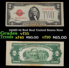 1928D $2 Red Seal United States Note Grades vf++