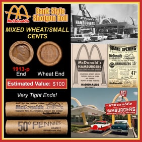 Lincoln Wheat Cent 1c Mixed Roll Orig Brandt McDonalds Wrapper, 1913-p end, Wheat other end