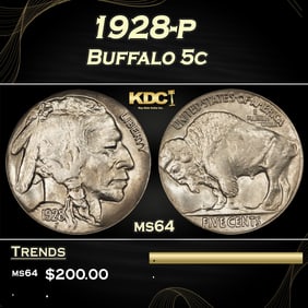 1928-p Buffalo Nickel 5c Grades ms64