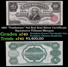 1891 $10 Red Seal Silver Certificate "Tombstone" Grades xf Signatures Tillman/Morgan