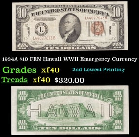 1934A $10 FRN Hawaii WWII Emergency Currency Grades xf