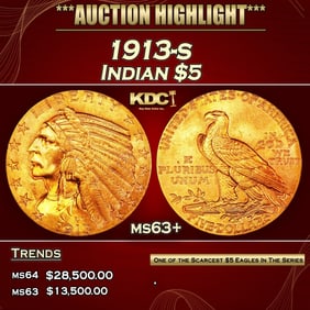 1913-s Gold Indian Half Eagle $5 ms63+ USCG