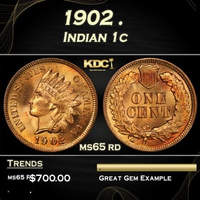 1902 Indian Cent . 1c Grades ms65 rd