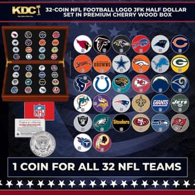 32-Coin NFL Football Logo JFK Half Dollar Set in Premium Cherry Wood Box Other Toy