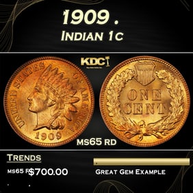 1909 Indian Cent . 1c Grades ms65 rd