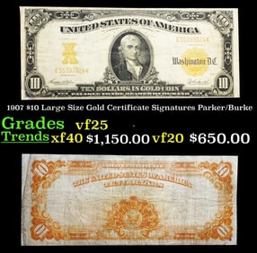 1907 $10 Large Size Gold Certificate Grades vf+ Signatures Parker/Burke