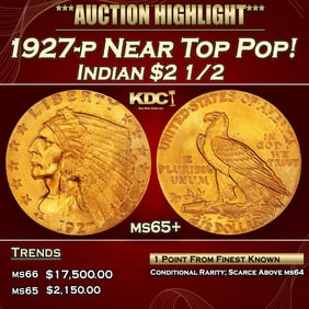 1927-p Gold Indian Quarter Eagle Near Top Pop! $2 1/2 ms65+ SEGS