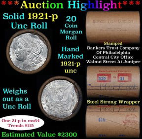 Full solid date 1921-p Uncirculated Morgan silver dollar roll, 20 coins