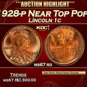 1928-p Lincoln Cent Near Top Pop! 1c ms67 rd SEGS