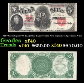 1907 $5 Large Size Legal Tender Note "WoodChopper" Grades xf Signatures Speelman/White