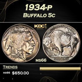 1934-p Buffalo Nickel 5c Grades ms66