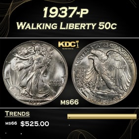 1937-p Walking Liberty Half Dollar 50c Grades ms66