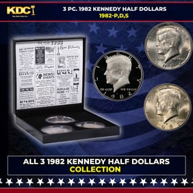 Complete 3 PC. 1982 Kennedy Half Dollar 50c set In Custom Box W/ Special Backer Card BU & Proof