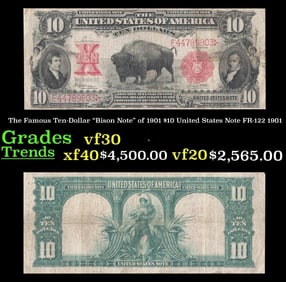 The $10 United States Note Famous Ten-Dollar "Bison Note" of 1901 FR-122 Grades vf++ 1901