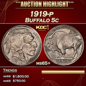 1919-p Buffalo Nickel 5c ms65+ SEGS