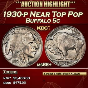 1930-p Buffalo Nickel Near Top Pop 5c ms66+ SEGS