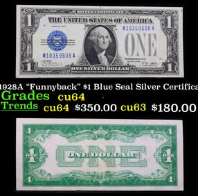 1928A $1 Blue Seal Silver Certificate "Funnyback" Grades Choice CU