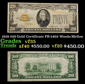 1928 $20 Gold Certificate FR-2402 Woods/Mellon Grades vf++