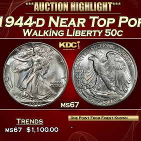 1944-d Walking Liberty Half Dollar Near Top Pop 50c ms67 SEGS