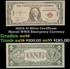 1935A $1 Silver Certificate Hawaii WWII Emergency Currency Grades Choice AU/BU Slider