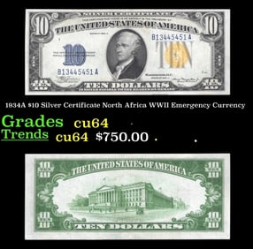 1934A $10 Silver Certificate North Africa WWII Emergency Currency Grades Choice CU