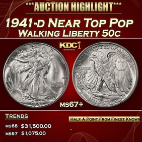 1941-d Walking Liberty Half Dollar Near Top Pop 50c ms67+ SEGS