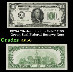 1928A $100 Green Seal Federal Reserve Note "Redeemable In Gold" Grades Choice AU/BU Slider