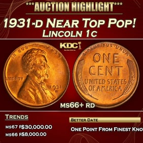 1931-d Lincoln Cent Near Top Pop! 1c ms66+ rd SEGS