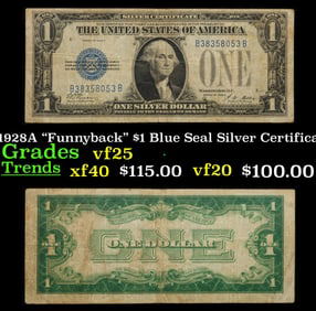 1928A $1 Blue Seal Silver Certificate "Funnyback" Grades vf+