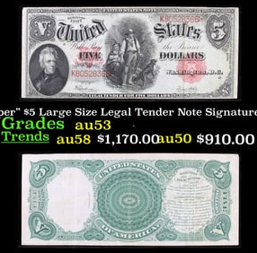 1907 $5 Large Size Legal Tender Note "WoodChopper" Grades Select AU Signatures Speelman/White