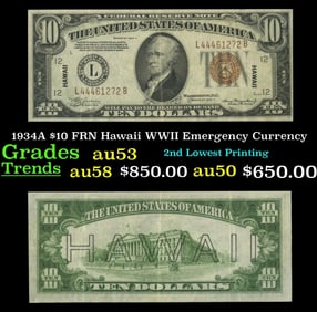 1934A $10 FRN Hawaii WWII Emergency Currency Grades Select AU