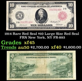 1914 $10 Large Size Red Seal FRN Rare Red Seal New York, NY Grades xf+ FR-893