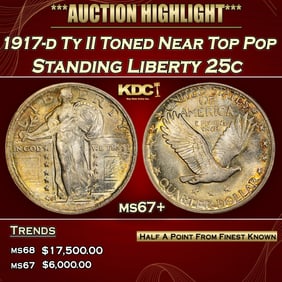 1917-d Ty II Standing Liberty Quarter Toned Near Top Pop 25c ms67+ SEGS