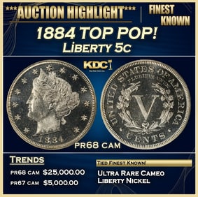 1884 Proof Liberty Nickel TOP POP! 5c pr68 cam SEGS