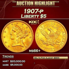 1907-p Gold Liberty Half Eagle $5 ms66+ SEGS