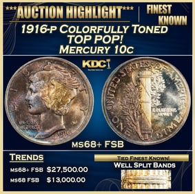 1916-p Mercury Dime Colorfully Toned TOP POP! 10c ms68+ FSB SEGS