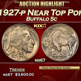 1927-p Buffalo Nickel Near Top Pop 5c ms67 SEGS