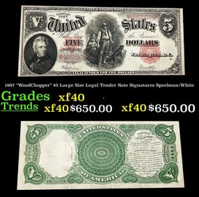 1907 $5 Large Size Legal Tender Note "WoodChopper" Grades xf Signatures Speelman/White