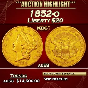 1852-o Gold Liberty Double Eagle $20 au58 SEGS