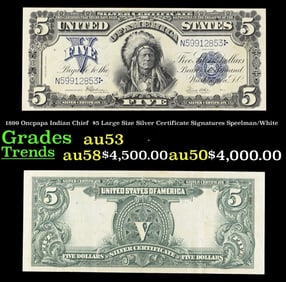 1899 $5 Large Size Silver Certificate Oncpapa Indian Chief Grades Select AU Signatures