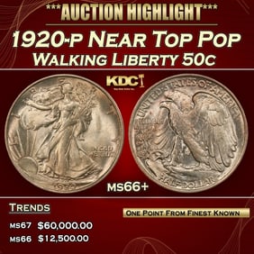 1920-p Walking Liberty Half Dollar Near Top Pop 50c ms66+ SEGS