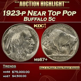 1923-p Buffalo Nickel Near Top Pop 5c ms67+ SEGS