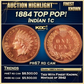 1884 Proof Indian Cent TOP POP! 1c pr67 rd cam SEGS