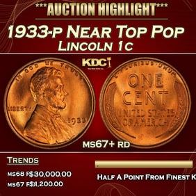 1933-p Lincoln Cent Near Top Pop 1c ms67+ rd SEGS